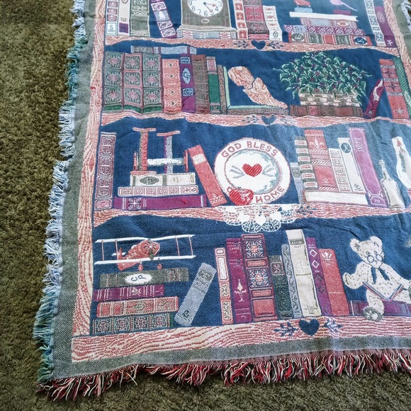Bookcase Afghan CFCA Throw Blanket God Bless Our Home Teddy Bear Plane Book (su1 - Picture 2 of 7